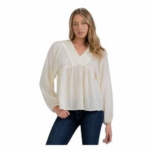 Very J Delicate Crochet Detail V-Neck Feminine Boho Blouse Champagne Small NWT